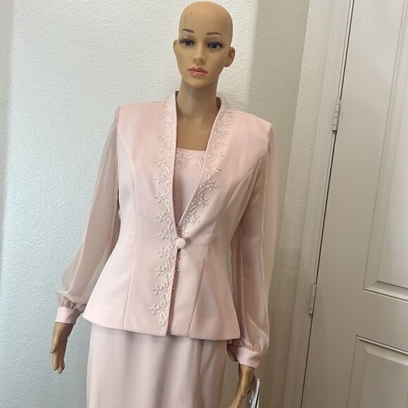 JR Nites Dress & Jacket Formal Size 6 & 8 Petite Beaded 2 Piece Pink Blush Rose - Picture 2 of 14